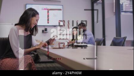 Image of qr code and neon lines over diverse business people discussing work Stock Photo