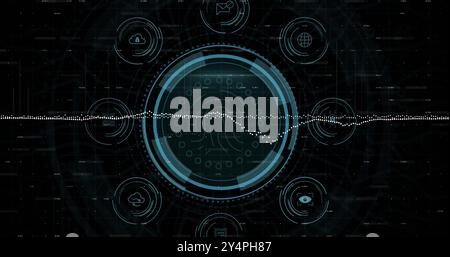 Image of fingerprint and scope scanning over security icons Stock Photo