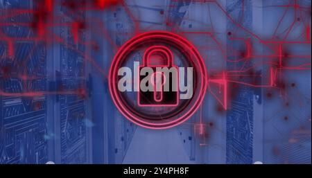 Image of padlock icon and data processing over computer servers Stock Photo