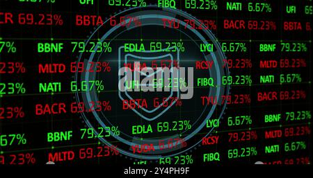 Image of shield and scope scanning over stock market Stock Photo