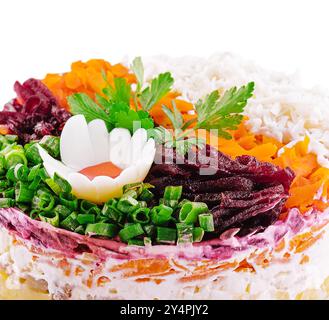 Layered salad with beet, herring, carrots and potatoes Stock Photo