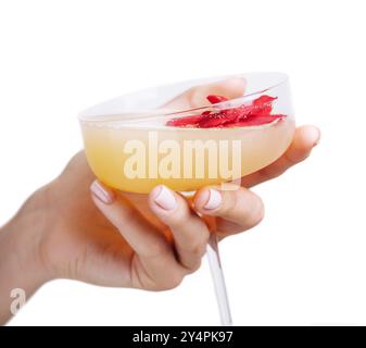 woman's hand holding daiquiri cocktail with strawberry Stock Photo