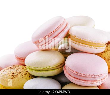 Macro of Multicolored macaroons isolated on white Stock Photo