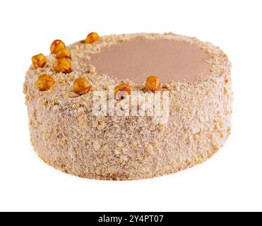 Kyiv cake with hazelnuts, chocolate glaze, and a buttercream-like filling Stock Photo