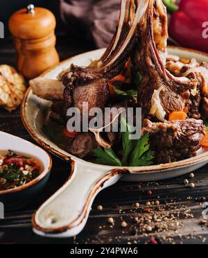 Roasted lamb chops with vegetables Stock Photo