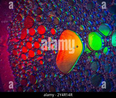 Macro photo of an oil drops on water surface looks like tissue under ...