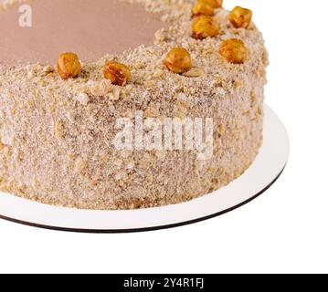 Kyiv cake with hazelnuts, chocolate glaze, and a buttercream-like filling Stock Photo