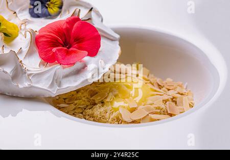 meringue on plate and almonds with vanilla custard Stock Photo