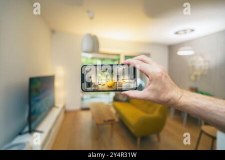 Smartphone record real estate video tour app. Home interior sell house. Device screen. Stock Photo