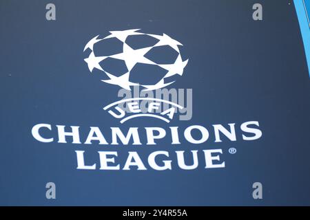 Belgrade, Serbia. 19th Sep, 2024. UEFA Champions League logo seen before the 2024/25 League Phase MD1 match between FK Crvena Zvezda and SL Benfica at the Rajko Mitic Stadium on September 19, 2024. Credit: Dimitrije Vasiljevic/Alamy Live News Stock Photo