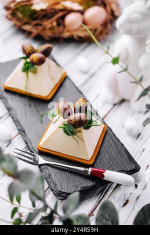dessert souffle cookies with chocolate Easter eggs Stock Photo