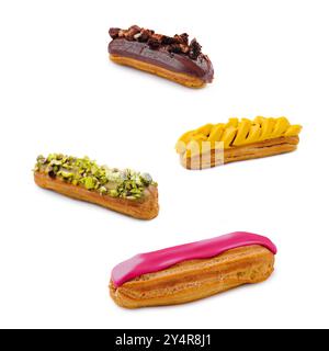 assorted delicious French eclairs on a white background Stock Photo