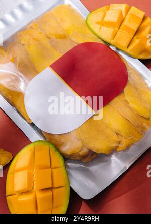 pack of dried mango slices and raw mango Stock Photo