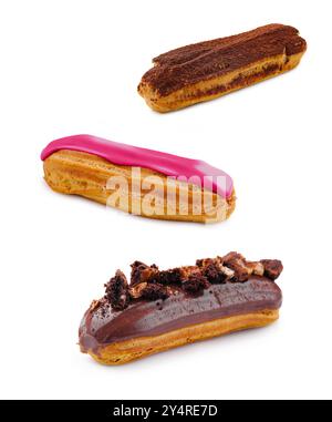 different types of French eclairs on a white background Stock Photo