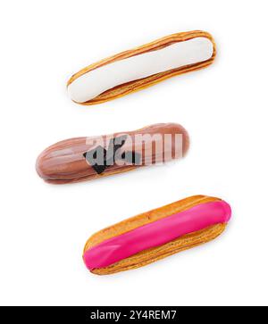 three different eclairs on a white plate isolated on white background Stock Photo