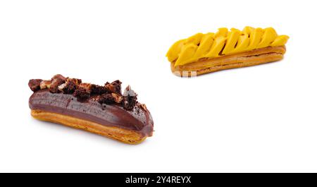 Eclair with mango and Chocolate Cream and Hazelnuts on White Plate Stock Photo