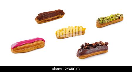 five different eclairs isolated on white background Stock Photo