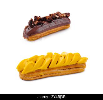 Eclair with Chocolate Cream and Hazelnuts and eclair with mango cream isolated Stock Photo