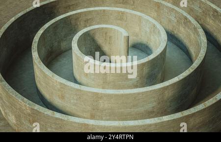 Concrete spiral structure  circular maze  shadows on  ground 3d background Stock Photo