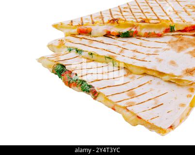 Grilled chicken quesadilla with vegetables cut into slices, isolated on a white background Stock Photo