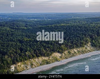 Sandy beach beach and forest, mainly beech forests, on the coast in the Wolin National Park, also known as Wollin, on the Baltic Sea. Aerial photo. Ko Stock Photo