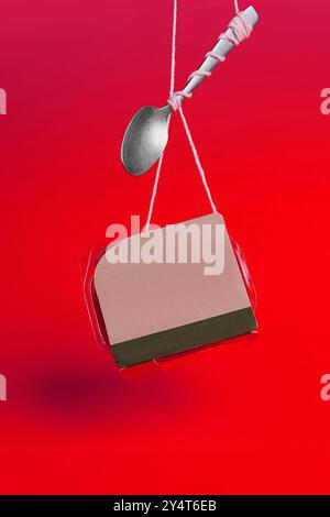 Conceptual still life image of takeaway breakfast and spoon hanging against a vibrant red backdrop Stock Photo