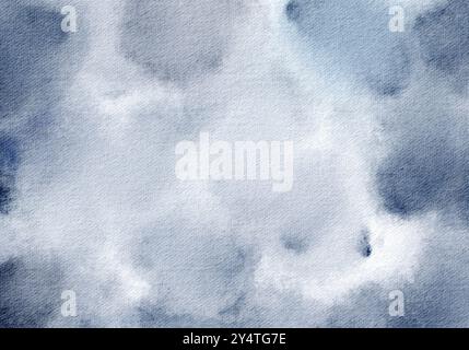 Watercolor cloudy blue background. Hand drawn foggy design of overcast, rainy sky. Ocean or water illustration for brochures and wallpapers. Stock Photo