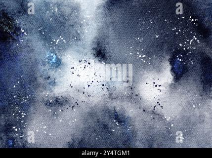 Cosmic Watercolor Texture of navy blue background. Deep indigo background with spots and rough brushstrokes. Hand painted astrological night sky Stock Photo