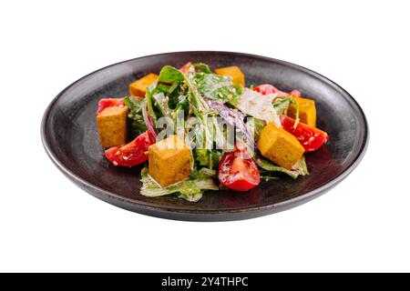 Colorful vegan salad with tofu, tomatoes, and greens on a dark plate, isolated on a white background Stock Photo