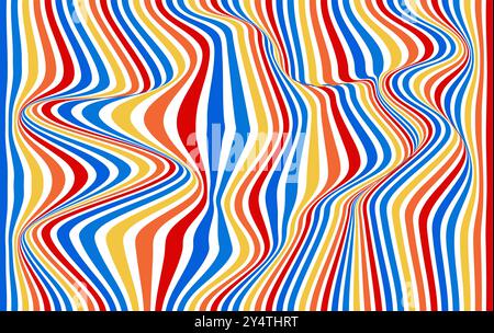 Wavy stripes in red, blue, yellow, orange, and white for vibrant designs. Suitable for graphic design projects, backgrounds, and more. Stock Vector