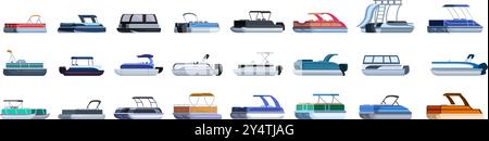Pontoon boat icons set. Set of isolated images with various models of pontoon boats for leisure and fishing on water surface Stock Vector