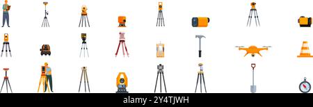 Geodetic equipment icons set. Surveyor equipment set for measuring land and height with modern technology icons set in flat style Stock Vector