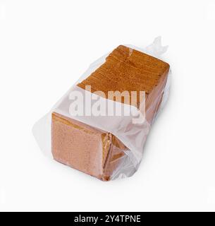 Loaf of toast bread wrapped in a plastic bag with a blank label ...