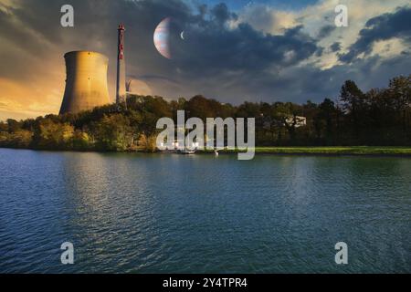 Nuclear power plant with cooling tower on the shore of a body of water at sunset with planets in the sky and dramatic clouds, Leibstadt, Switzerland, Stock Photo