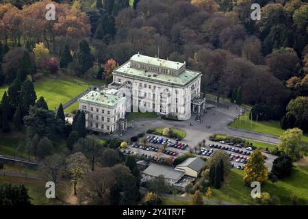 Villa Huegel on Lake Baldeney in Essen. Former residence of the Krupp family, steel industry, history, overview, aerial view, autumn Stock Photo