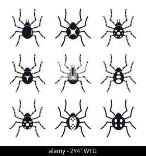 spider, spider icon set in all black, shiny impression graphic art in various different style. vector illustration. Stock Vector