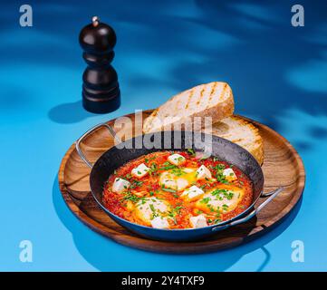 Shakshuka in a pan, served with feta cheese and parsley, accompanied by toasted slices of bread Stock Photo