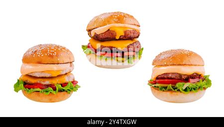 Three delicious burgers with beef, chicken cutlet, sauce, vegetables and cheese floating on white background Stock Photo