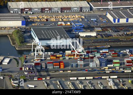 Container terminal in the port of Duisburg, container, port, inland shipping, terminal, colour, colourful containers, aerial view, overview Stock Photo