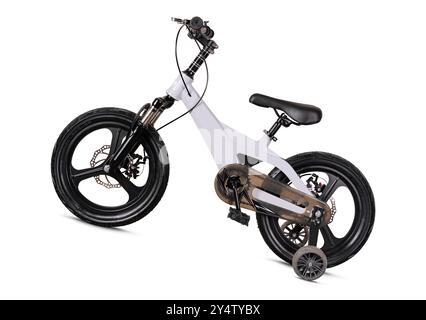 Sleek foldable bike with a unique design, positioned against a white backdrop, ideal for urban commuting Stock Photo