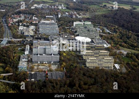 Ruhruniversitaet Bochum, campus, study, university, students, learning, overview, aerial view, building, Audimax Stock Photo