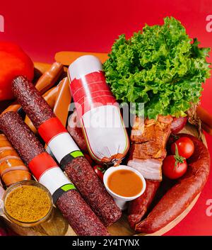 Appetizing composition of different types of sausages with herbs, spices and sauces on a wooden board, isolated on a red background Stock Photo