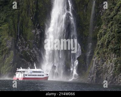 Milford Sound, New Zealand, circa 2009: Tourist Launch at Sterling Waterfall, Milford Sound, Fiordland, New Zealand, Oceania Stock Photo