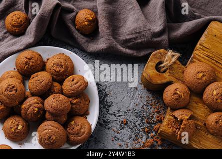 delicious oatmeal cookies arranged on a plate, with a rustic vibe Stock Photo