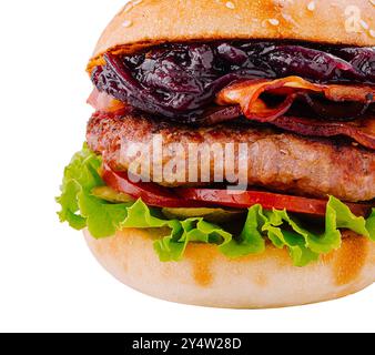 Fresh tasty burger with juicy grilled beef patty, crispy bacon, caramelized onion and vegetables Stock Photo