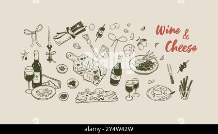 Wine and cheese hand drawn minimalist boho food vector illustration. Slow living concept. Summer Italian picnic background. Parmesan, brie, camembert, Stock Vector