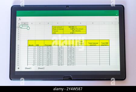 Shot of an excel sheet on tablet screen showing bank loan amortization table. Stock Photo