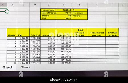 Shot of an excel sheet on tablet screen showing bank loan amortization table. Stock Photo