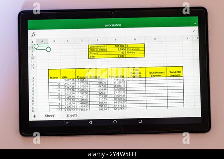 Shot of an excel sheet on tablet screen showing bank loan amortization table. Stock Photo