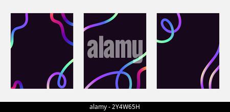 Set of Neon Color Gradient squiggle lines posters. Scribble stripe with wavy elements. Abstract organic dynamic colorful Sshapes on dark background Stock Vector